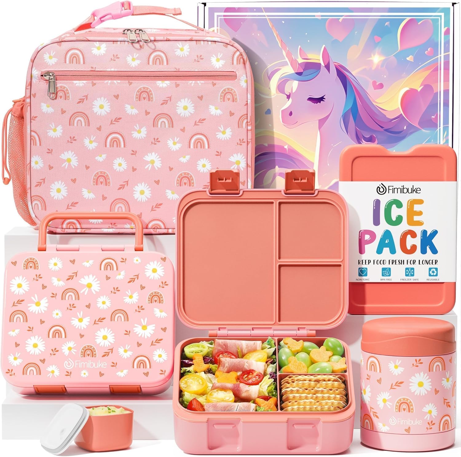 Fimibuke Kids Bento Lunch Box with 32oz Container, 12oz Leak-Proof Thermos & Insulated Bag, 3 Compartments