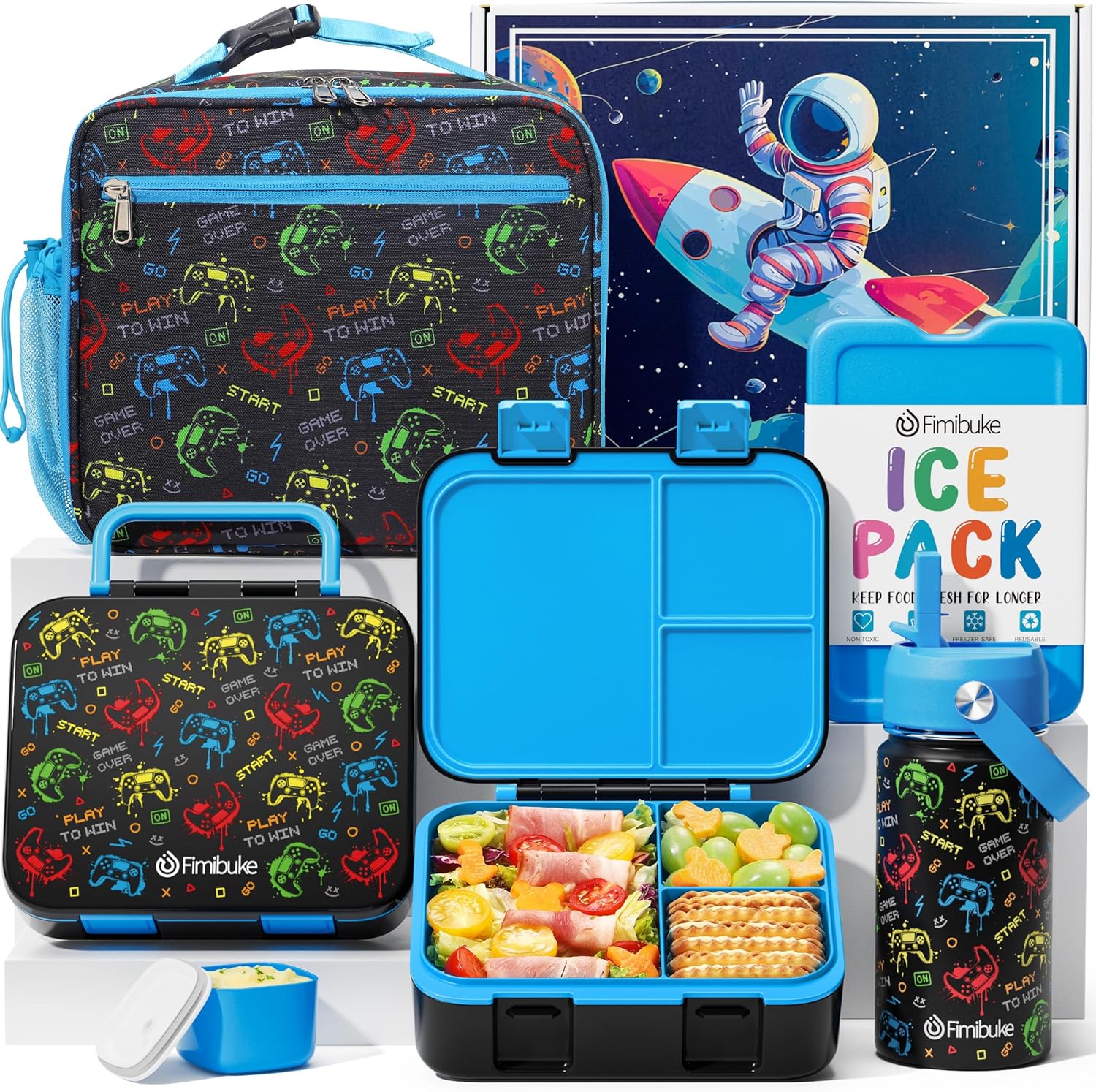 Fimibuke Kids Bento Lunch Box with 3 Compartments, Insulated Water Bottle & Lunch Bag Set, Ages 3-12