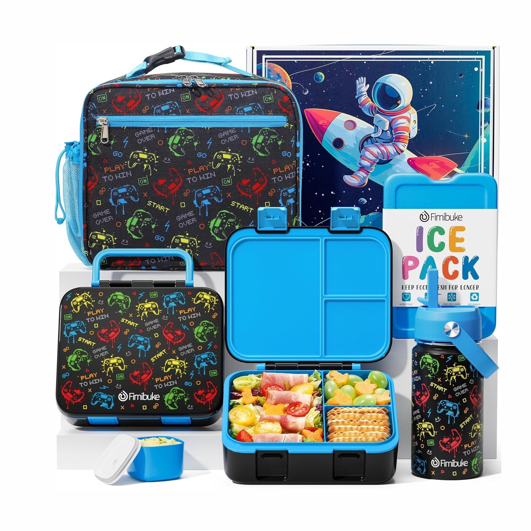 Fimibuke Kids 32oz Bento Set with 14oz Water Bottle & Lunch Bag - Gamepad