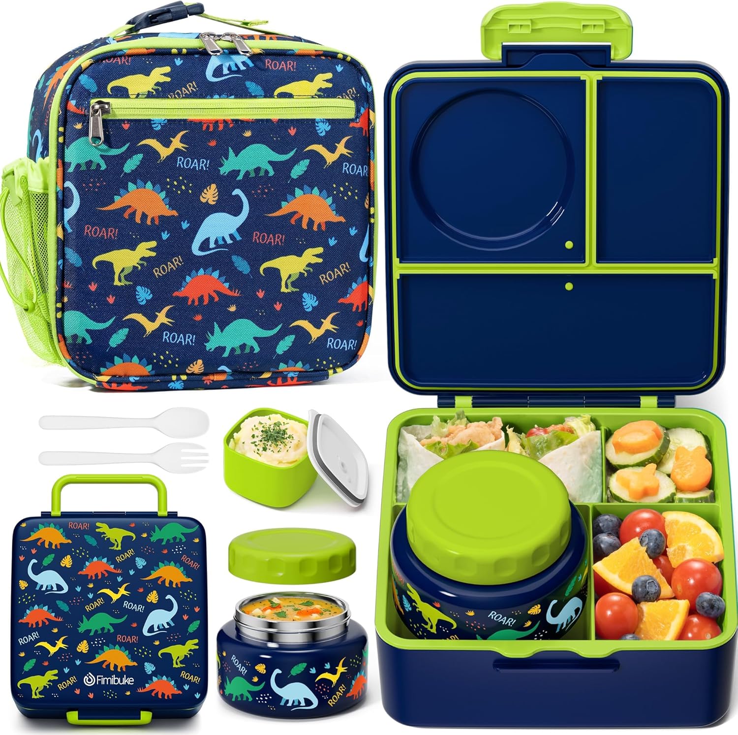 Fimibuke Kids Bento Lunch Box with 8.5oz Insulated Thermos, Leak-Proof Lunch Bag & Utensils, 3-4 Compartments