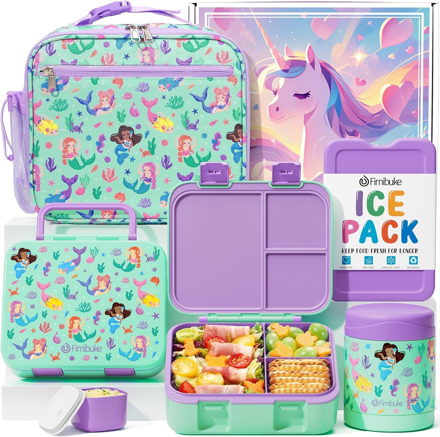 Fimibuke Kids Bento Lunch Box with 32oz Container, 12oz Leak-Proof Thermos & Insulated Bag, 3 Compartments