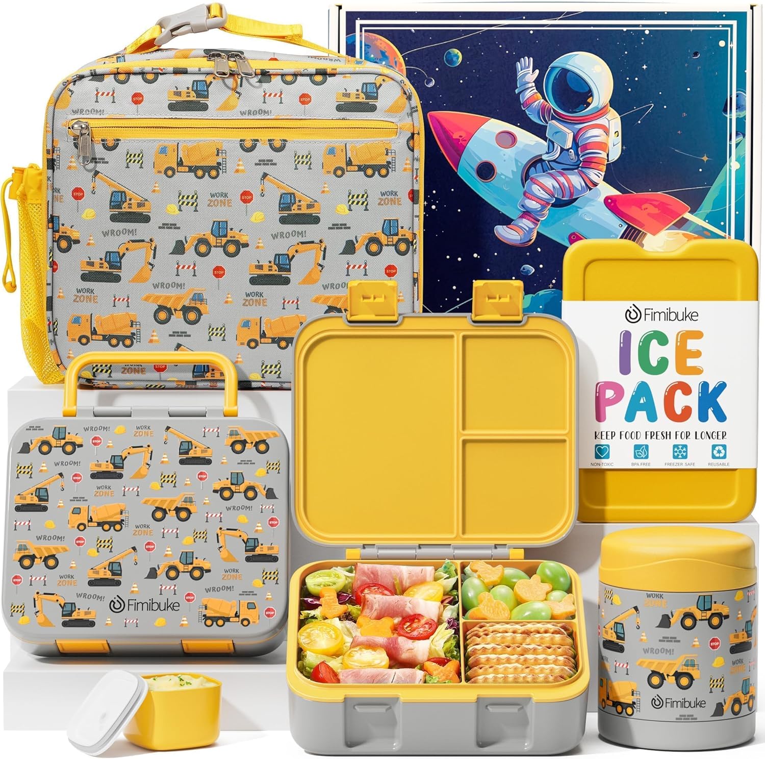 Fimibuke Kids Bento Lunch Box with 32oz Container, 12oz Leak-Proof Thermos & Insulated Bag, 3 Compartments