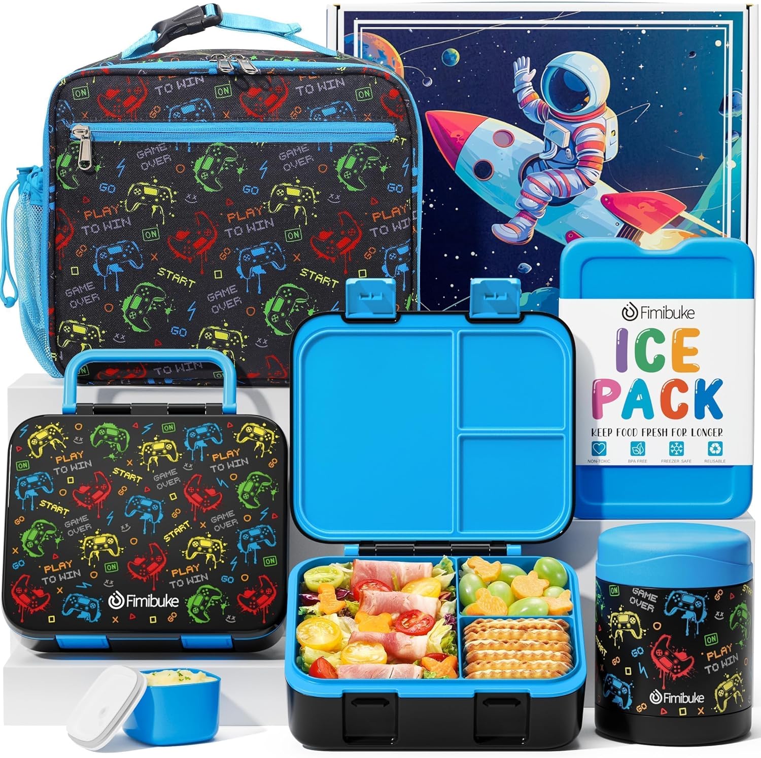 Fimibuke Kids Bento Lunch Box with 32oz Container, 12oz Leak-Proof Thermos & Insulated Bag, 3 Compartments
