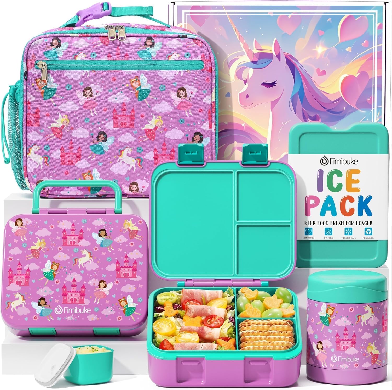 Fimibuke Kids Bento Lunch Box with 32oz Container, 12oz Leak-Proof Thermos & Insulated Bag, 3 Compartments