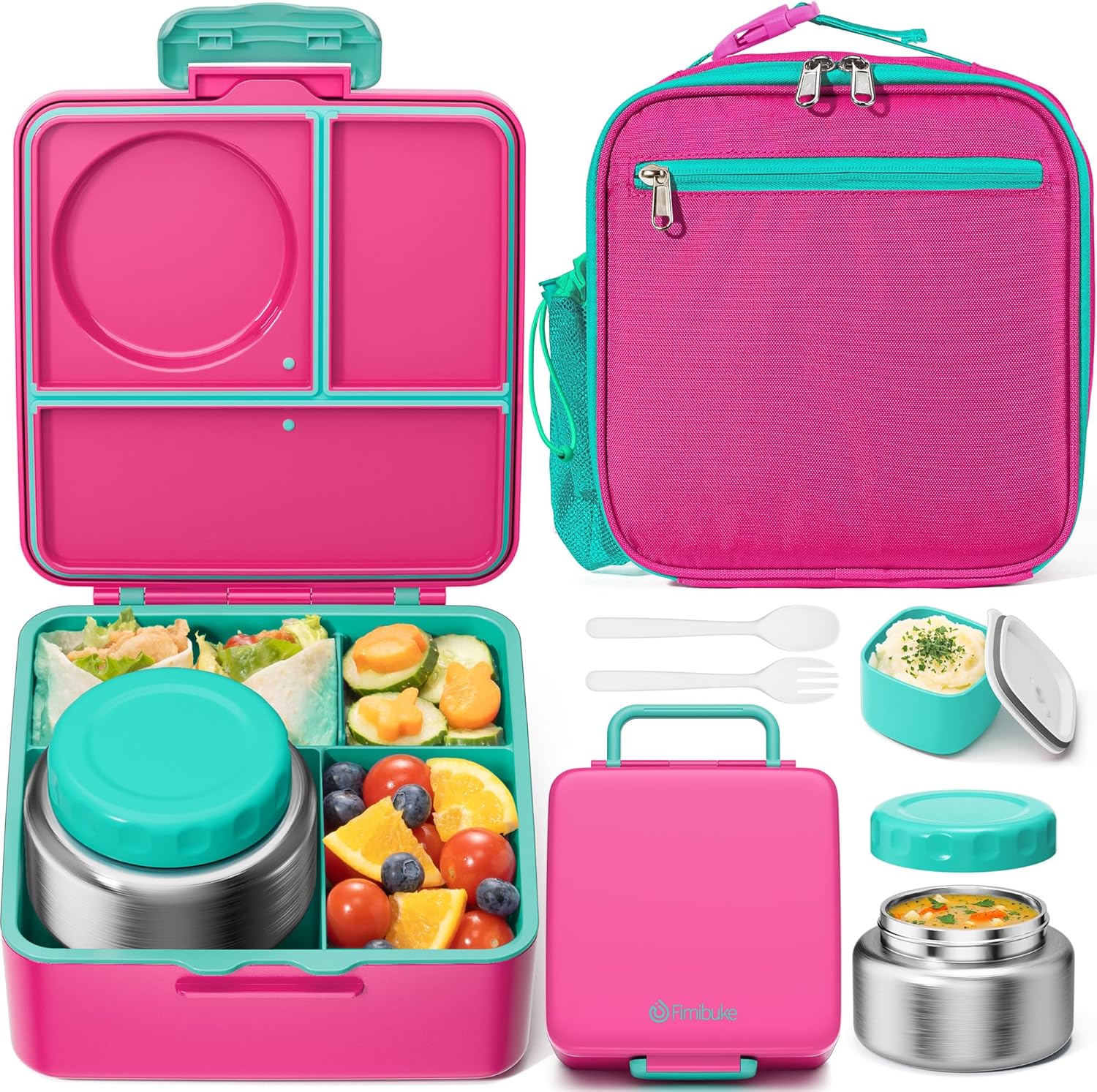 Fimibuke Bento Lunch Box Set for Kids & Adults with 8oz Thermos, Insulated Bag & Sauce Cup, Leak-Proof 3-4 Compartment Container