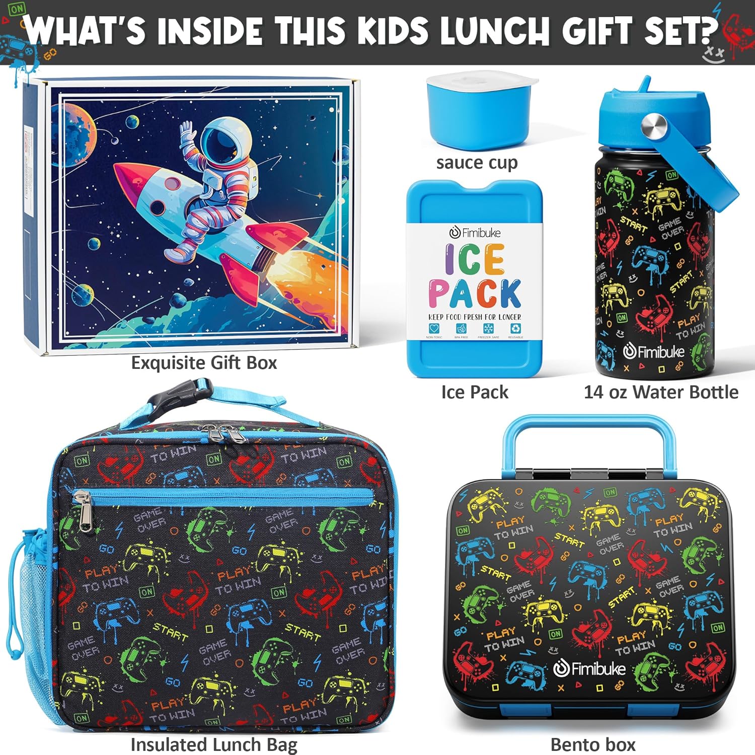 Fimibuke Kids Bento Lunch Box with 3 Compartments, Insulated Water Bottle & Lunch Bag Set, Ages 3-12