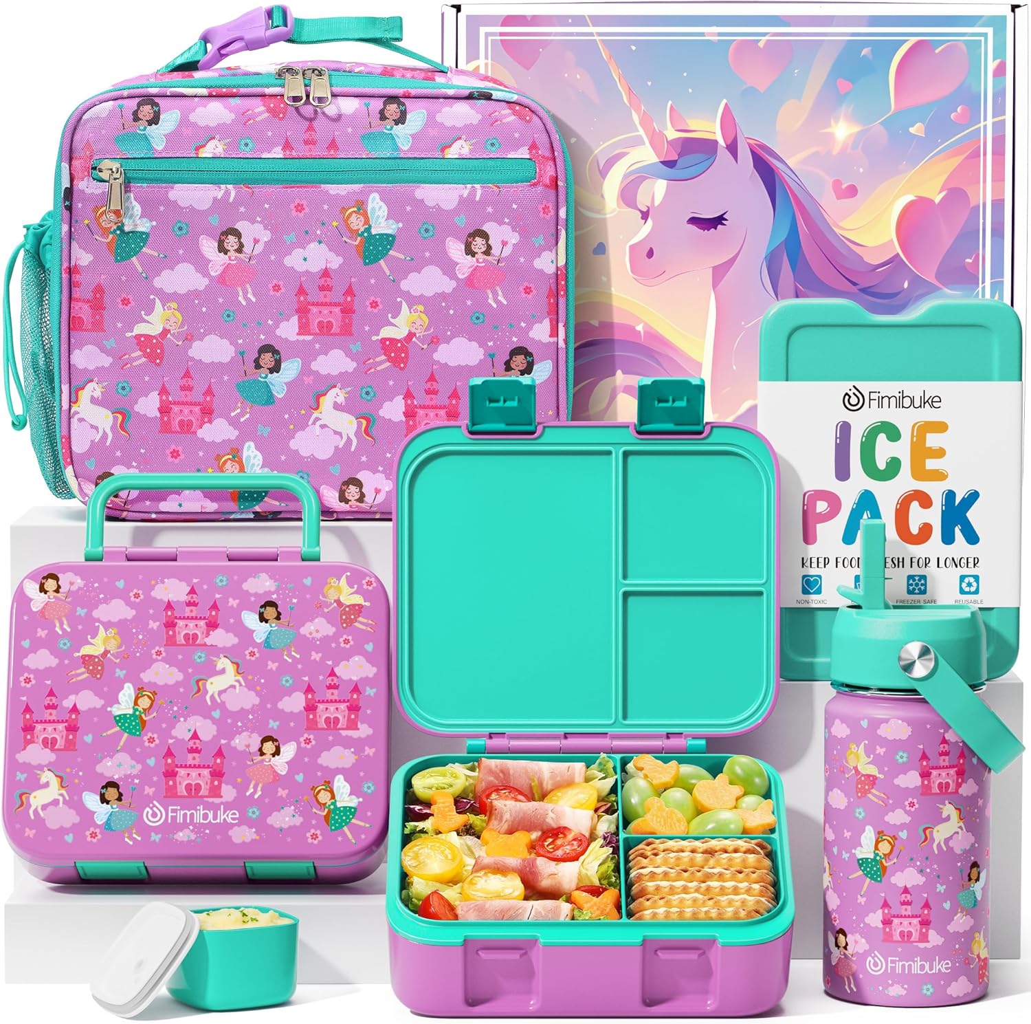 Fimibuke Kids Bento Lunch Box with 3 Compartments, Insulated Water Bottle & Lunch Bag Set, Ages 3-12
