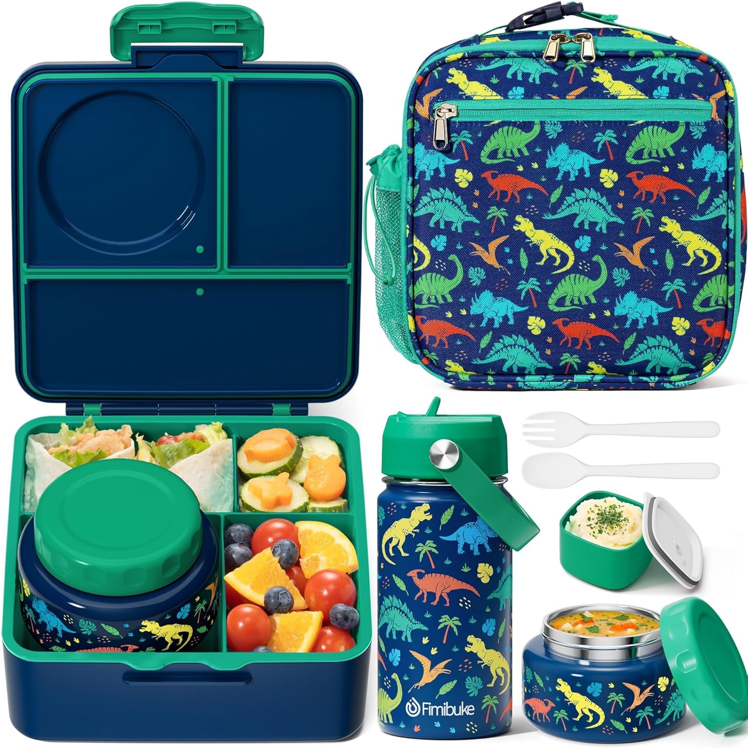 Fimibuke Bento Box Set for Kids & Adults, Leak-Proof 3-4 Compartments with Insulated Thermos, Water Bottle & Lunch Bag