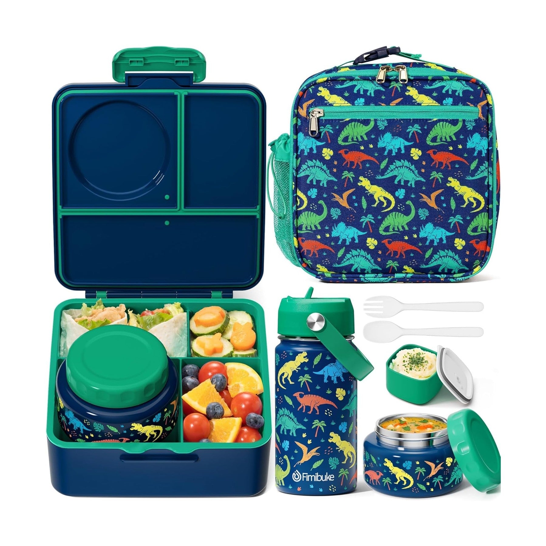 Fimibuke Complete Bento Lunch Set with Thermos, Bottle & Bag - Red & Green