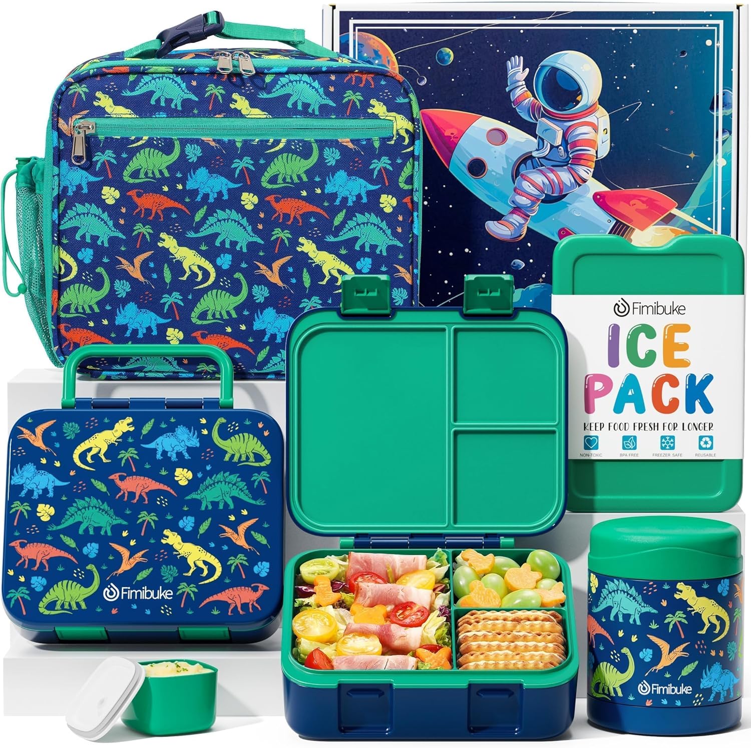 Fimibuke Kids Bento Lunch Box with 32oz Container, 12oz Leak-Proof Thermos & Insulated Bag, 3 Compartments