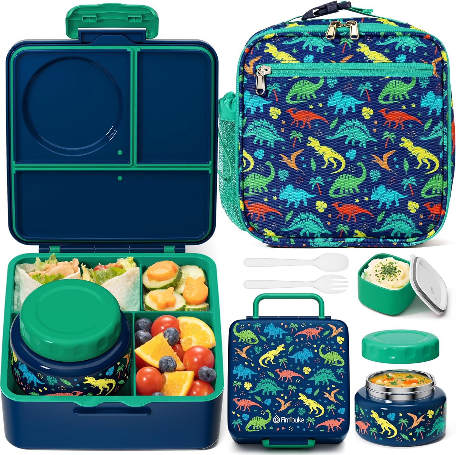 Fimibuke Bento Lunch Box Set for Kids & Adults with 8oz Thermos, Insulated Bag & Sauce Cup, Leak-Proof 3-4 Compartment Container