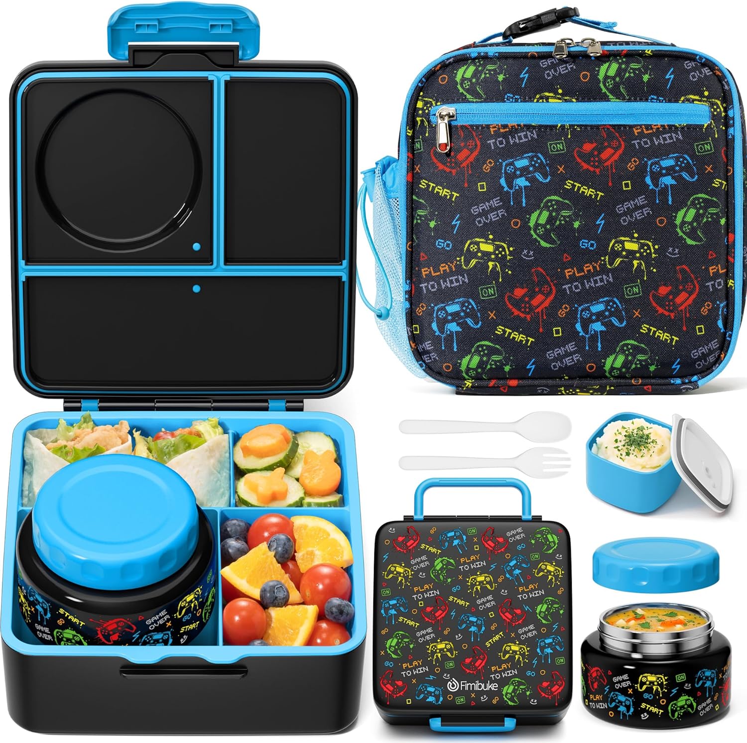 Fimibuke Bento Lunch Box Set for Kids & Adults with 8oz Thermos, Insulated Bag & Sauce Cup, Leak-Proof 3-4 Compartment Container