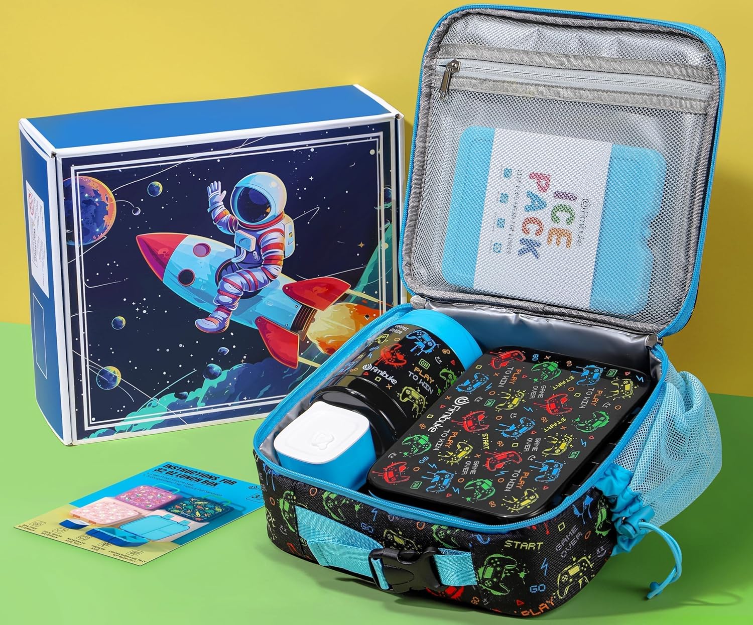 Fimibuke Kids Bento Lunch Box with 32oz Container, 12oz Leak-Proof Thermos & Insulated Bag, 3 Compartments