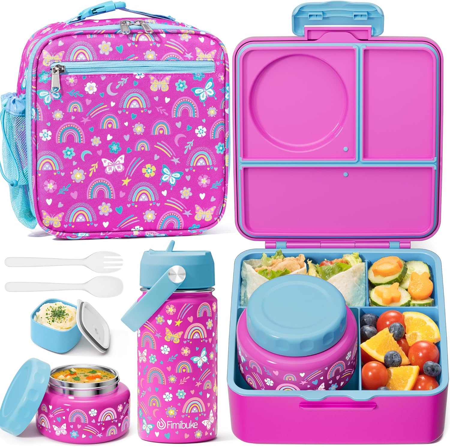 Fimibuke Kids Bento Lunch Box with 8.5oz Insulated Thermos, Leak-Proof Lunch Bag & Water Bottle, 3-4 Compartments