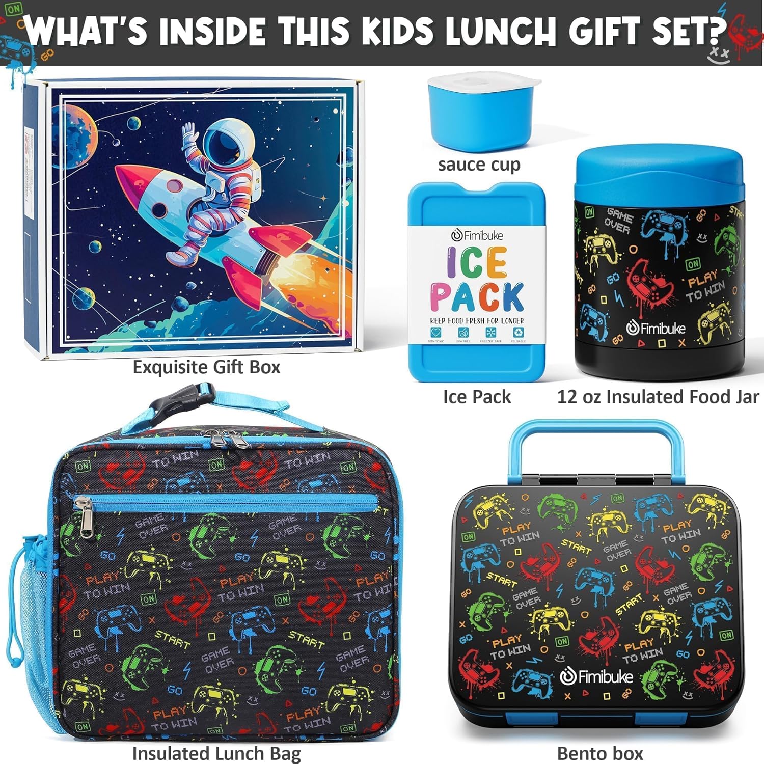 Fimibuke Kids Bento Lunch Box with 32oz Container, 12oz Leak-Proof Thermos & Insulated Bag, 3 Compartments