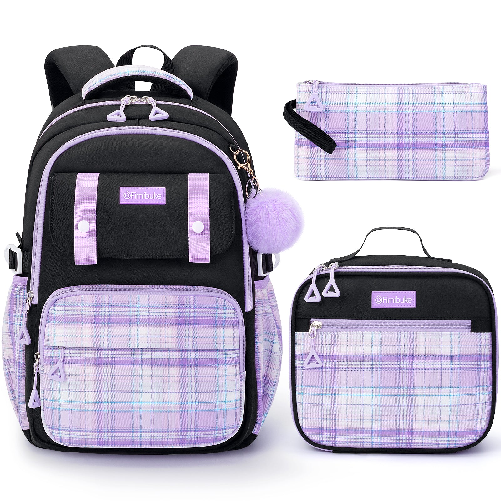 Fimibuke Girls 3PCS Waterproof Backpack Set with Lunch Box & Pencil Pouch, Black & Purple, Age 6+