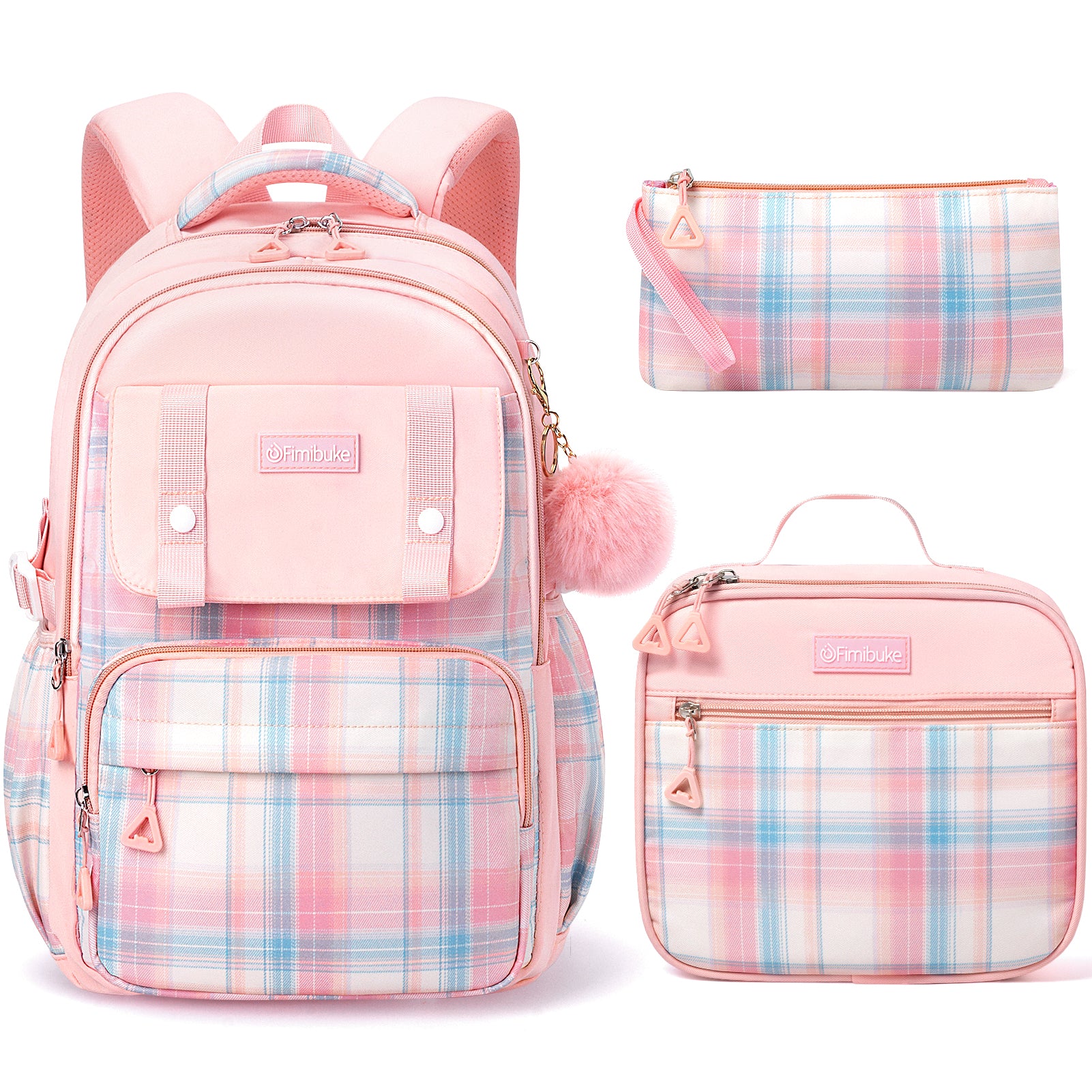 Fimibuke Girls 3PCS Waterproof Backpack Set with Lunch Box & Pencil Pouch, Black & Purple, Age 6+