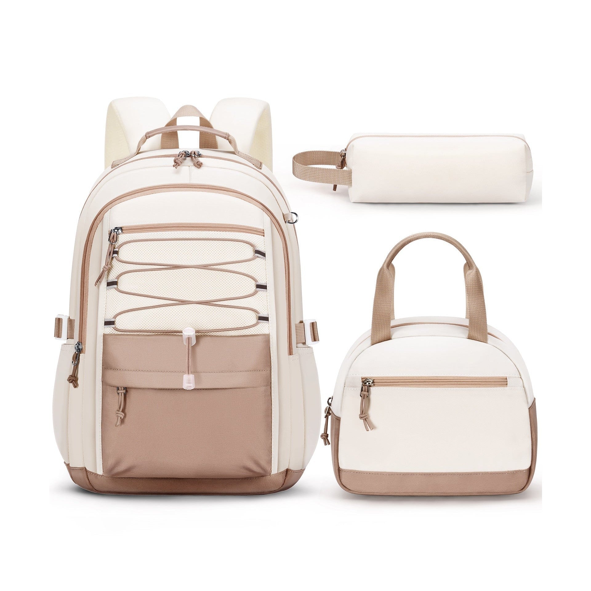 Fimibuke Girls 17-Inch Backpack Set with Lunch Bag & Pencil Case - Beige Brown
