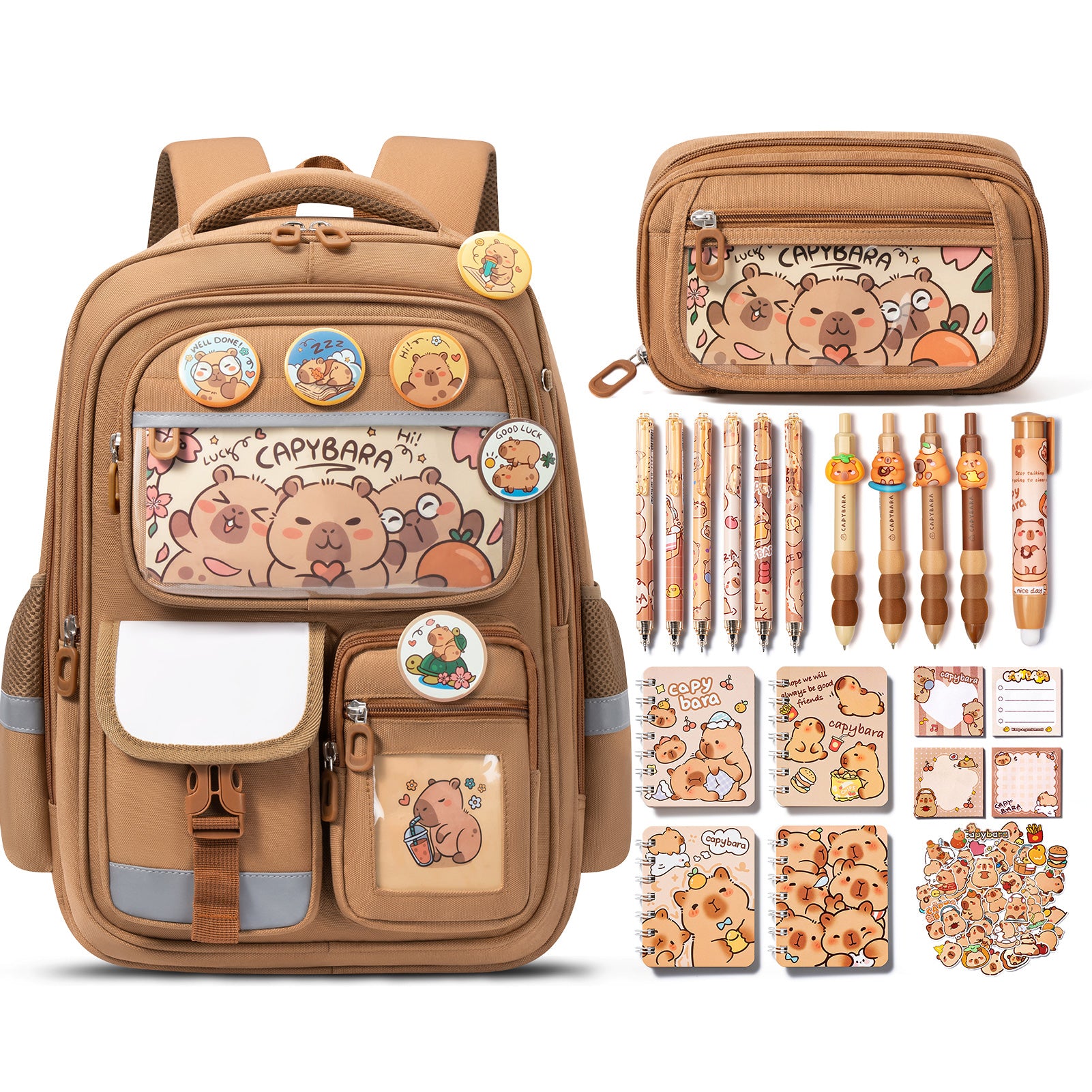 Fimibuke Kids School Backpack & 28PCS Capybara Stationery Set with Pencil Case